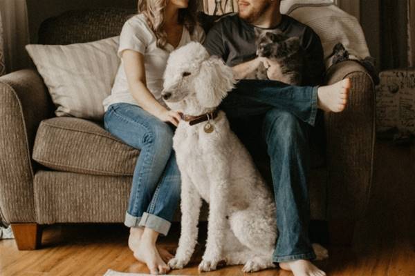 couple sitting on sofa beside dog inside room